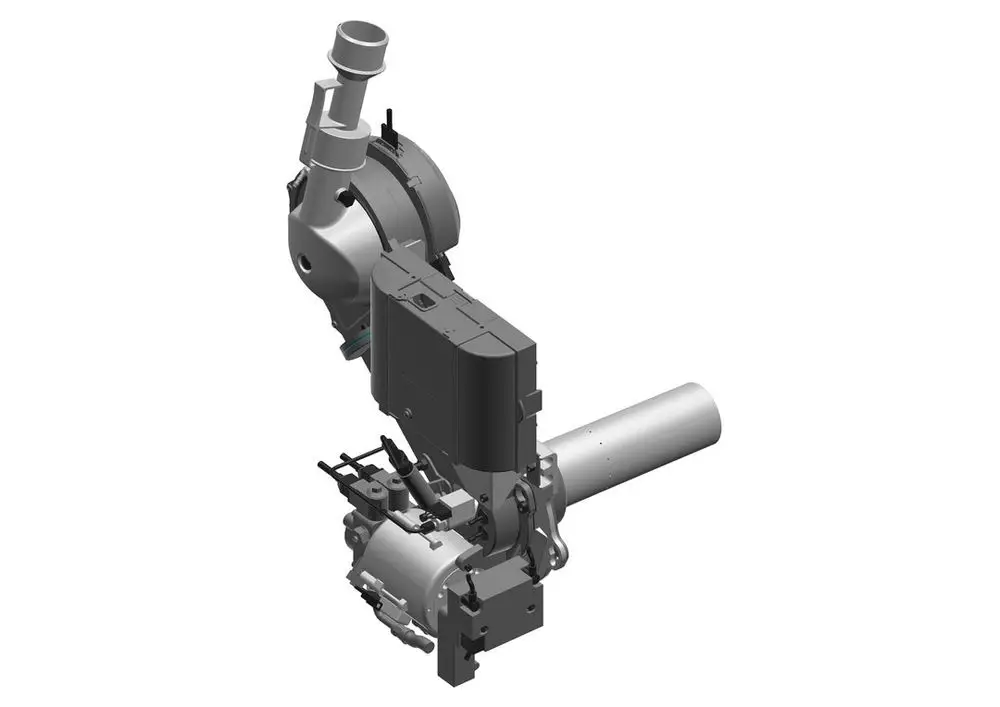 BOSCH Ölbrenner in einer 3D-Darstellung. Das Gerät weist verschiedene Komponenten auf, darunter Rohre, eine Steuerungseinheit und eine Brennkammer.
